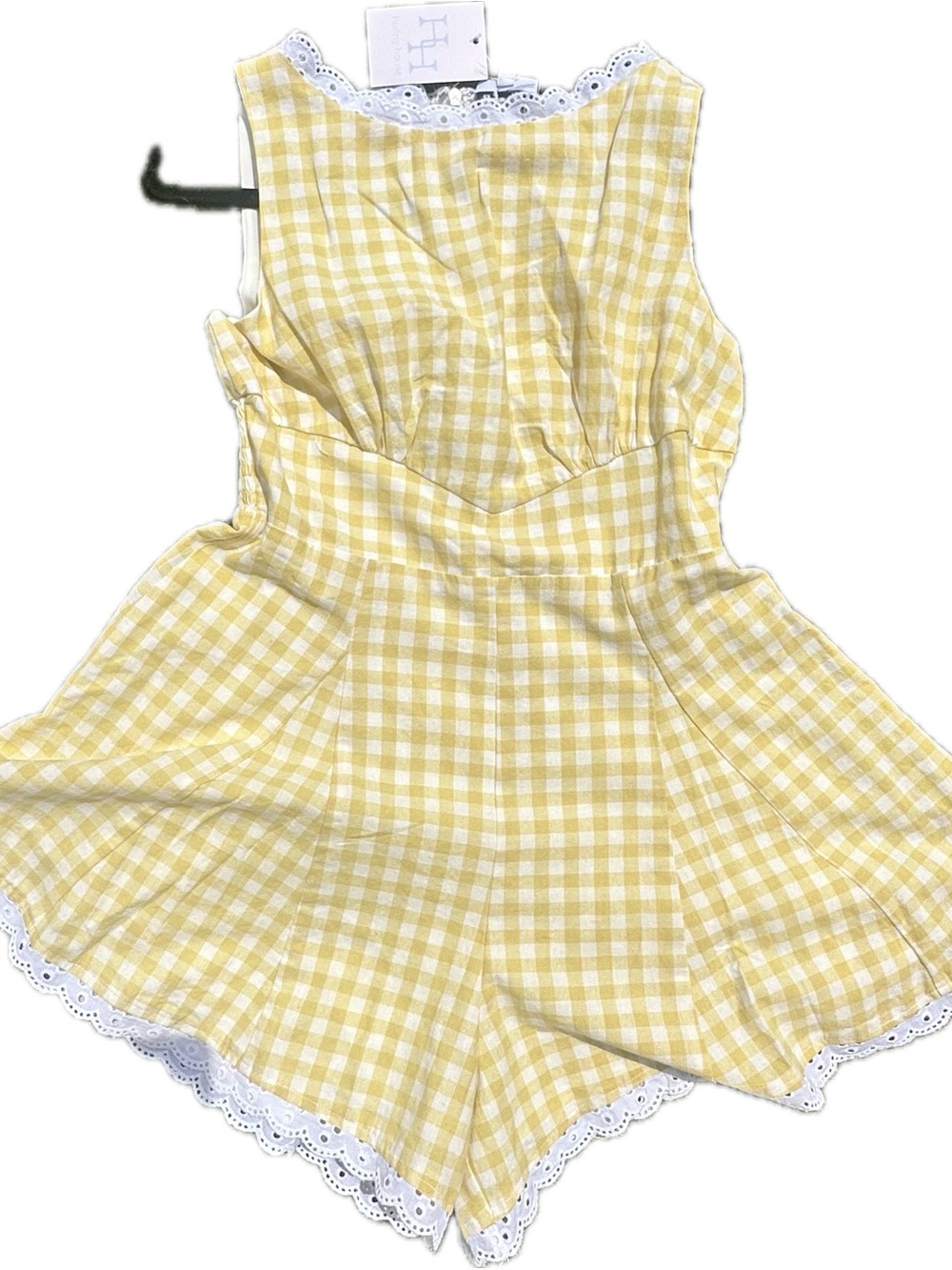 Yellow Gingham Lace-Trim Romper - Women